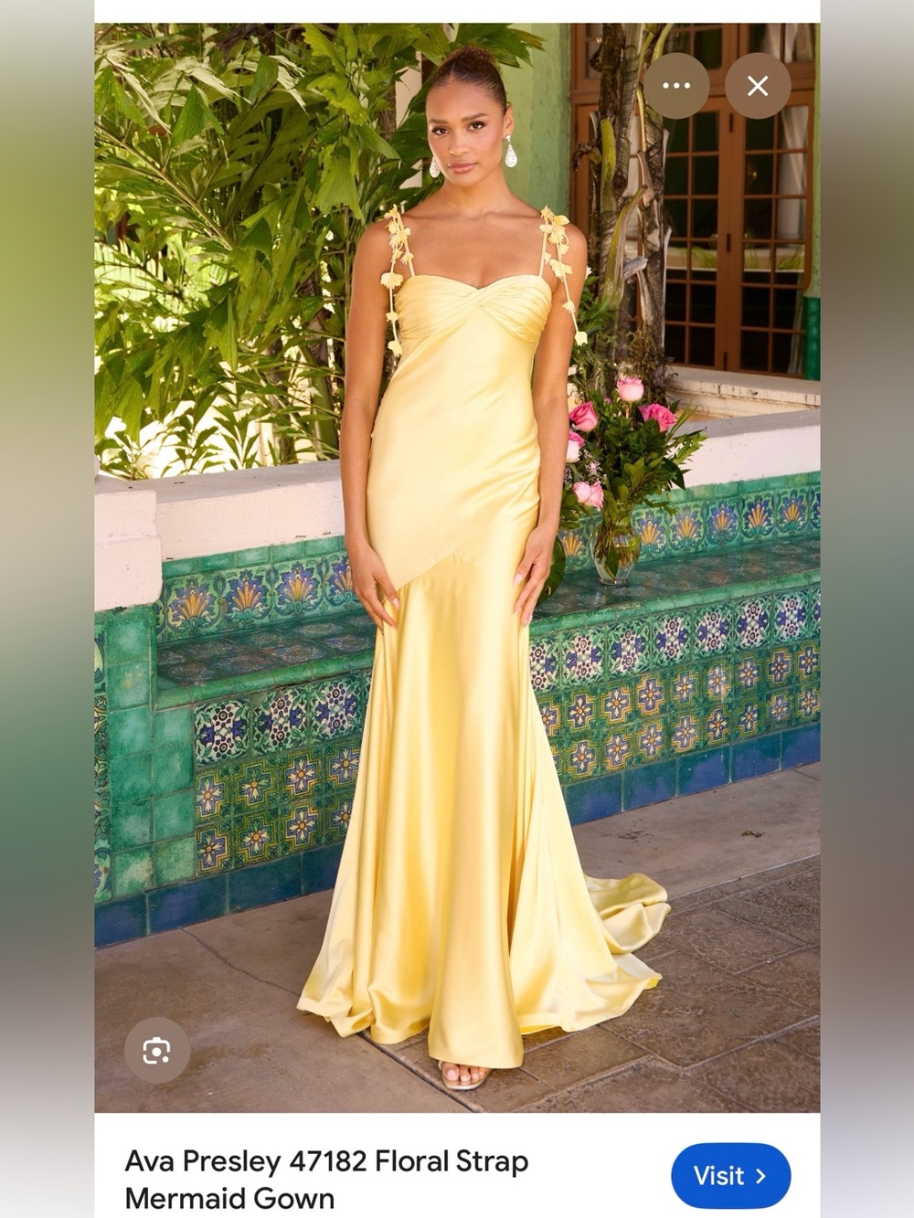 Ava Presley Yellow Satin Prom/Evening Gown with Floral Tie Straps - Like New